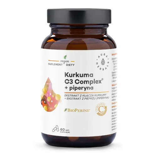 Aura Herbals Kurkuma 500 mg C3 Complex + piperyna, 60 kapsułek