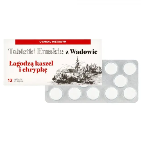 Tabletki Emskie z Wadowic, łagodzą kaszel i chrypkę, 12 tabletek