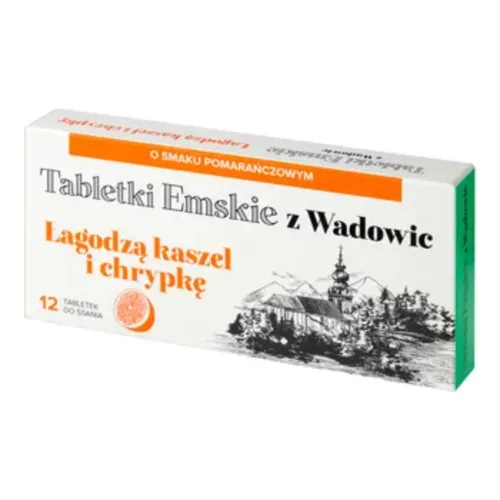 Tabletki Emskie z Wadowic, łagodzą kaszel i chrypkę, smak pomarańczowy, 12 tabletek