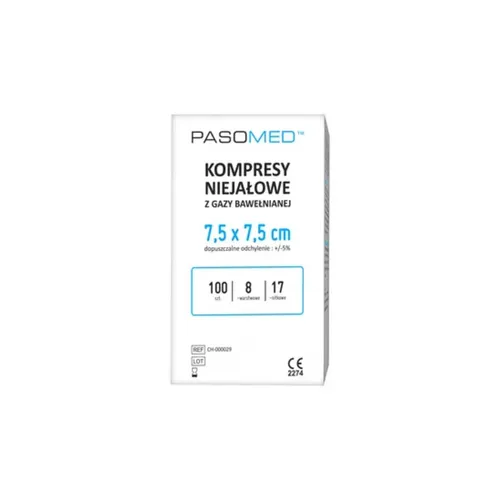 Pasomed - kompresy niejałowe, 17- nitkowe, 8-warstwowe, 7,5 cm x 7,5 cm, 100 sztuk