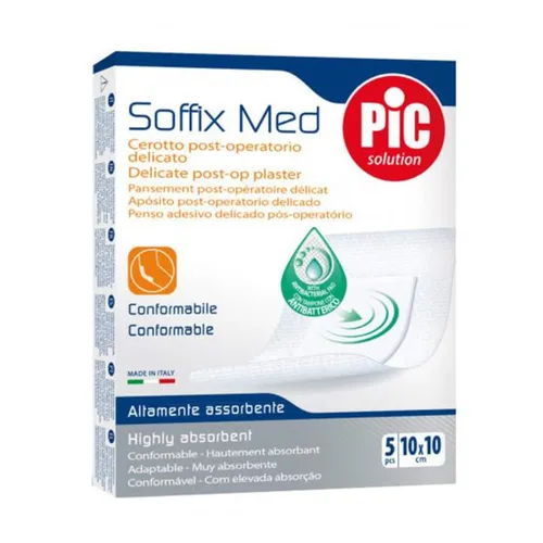 Pic Solution Soffix Med, Plaster pooperacyjny z antybakteryjnym opatrunkiem 10 x 10 cm, 5 sztuk