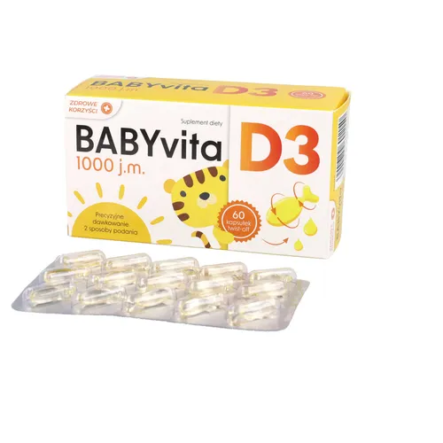 Zdrowe Korzyści BabyVita D3, witamina D3 1000 j.m., 60 kapsułek twist-off