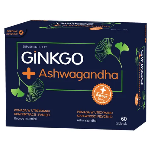 Zdrowe Korzyści, Ginkgo + Ashwagandha, 60 tabletek