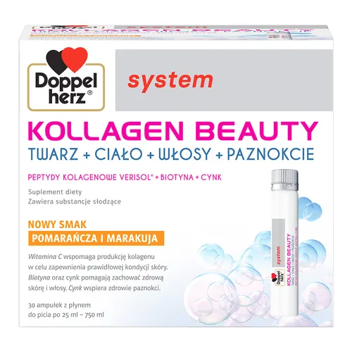 Doppelherz System Kollagen Beauty, smak pomarańcza i marakuja, 30 ampułek