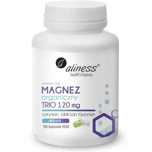 Aliness Magnez organiczny Trio 120 mg z B6 (P-5-P), 100 kapsułek
