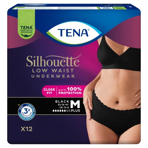 Tena Silhouette Plus Black - dyskretne majtki chłonne dla kobiet, rozmiar M, 12 sztuk