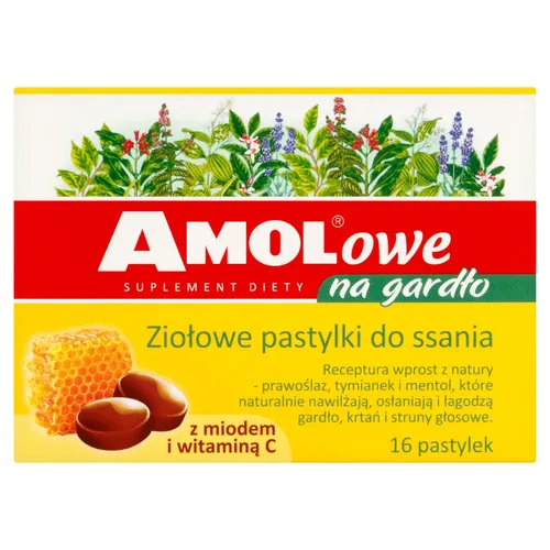 AMOLowe na gardło, ziołowe pastylki do ssania z miodem i witaminą C, 16 pastylek