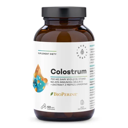 Aura Herbals, Colostrum 700 mg + BioPerine, 60 kapsułek