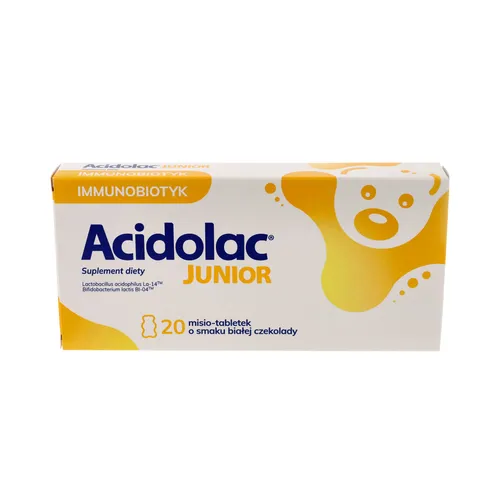 Acidolac Junior, dla dzieci od 3 lat, smak białej czekolady, 20 misio-tabletek