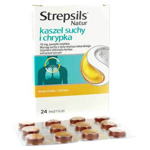 Strepsils Natur, Kaszel suchy i chrypka 10 mg, 24 pastylki do ssania