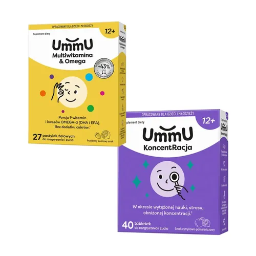 ZESTAW: UmmU Koncentracja 12+, 40 tabletki do rozgryzania i żucia + UmmU Multiwitamina Omega 12+, smak owocowy, 27 pastylek do rozgryzania i żucia