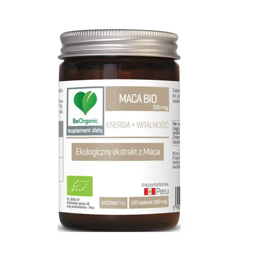 BeOrganic - maca 500 mg, energia i witalność, 100 tabletek (Data ważności: 30.09.2026)