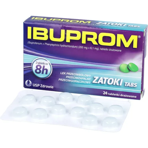 Ibuprom Zatoki Tabs 200 mg + 6,1 mg, 24 tabletki drażowane (Data ważności: 31.10.2026)