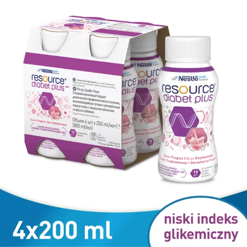 RESOURCE Diabet Plus - o smaku truskawkowym, 4 x 200 ml (Data ważności: 14.09.2026)