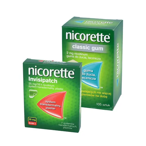 ZESTAW: Nicorette Classic Gum 2 mg, guma do żucia, lecznicza, 105 sztuk + Nicorette Invisipatch 25 mg/16 h, system transdermalny, plaster, 7 sztuk
