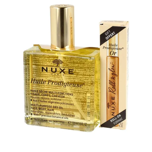 Zestaw Nuxe Huile Prodigieuse - suchy olejek wielofunkcyjny, 100 ml + Nuxe Huile Prodigieuse Or - suchy olejek roll-on, 8 ml (Data ważności: 30.09.2026)