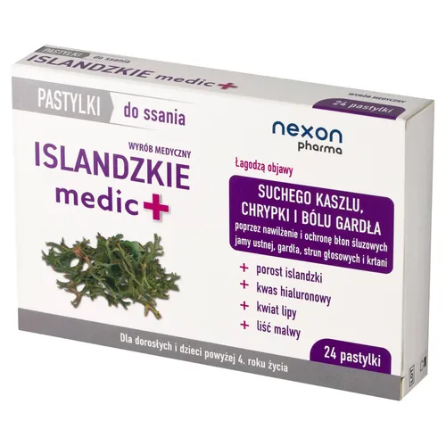Islandzkie Medic+, 24 pastylki do ssania (Data ważności: 30.11.2026)
