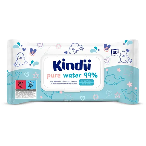 Kindii, Pure Water 99%, Chusteczki nawilżane, 60 sztuk