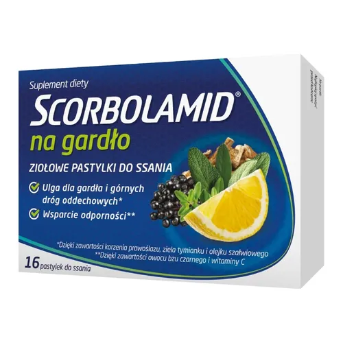 Scorbolamid na gardło - ziołowe pastylki do ssania, 16 pastylek (Data ważności: 30.11.2026)
