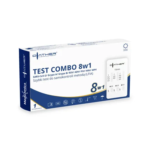 Diather - test COMBO 8w1 SARS-CoV-2/ Grypa A/ Grypa B/ RSV/ ADV/ PIV/ HRV/ MPV, 1 sztuka