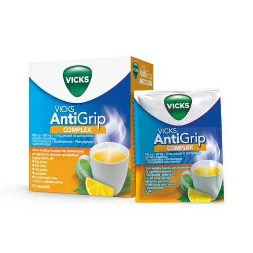 Vicks AntiGrip Complex (500 mg + 200 mg + 10 mg)/saszetkę, smak cytrynowy, 10 saszetek