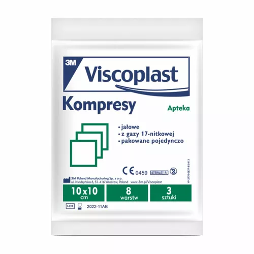 Viscoplast - kompresy jałowe, 10 cm x 10 cm, 3 sztuki