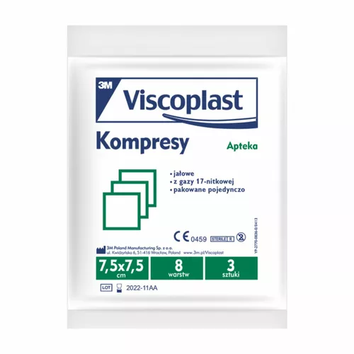 Viscoplast - kompresy jałowe, 7,5 cm x 7,5 cm, 3 sztuki