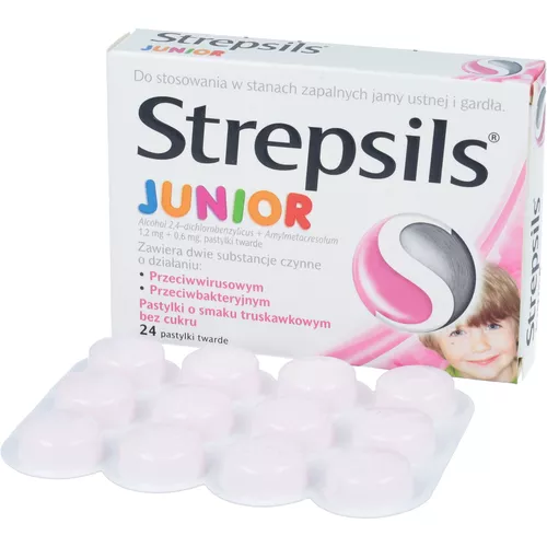 Strepsils Junior 1,2 mg + 0,6 mg, bez cukru, smak truskawkowy, 24 pastylki twarde