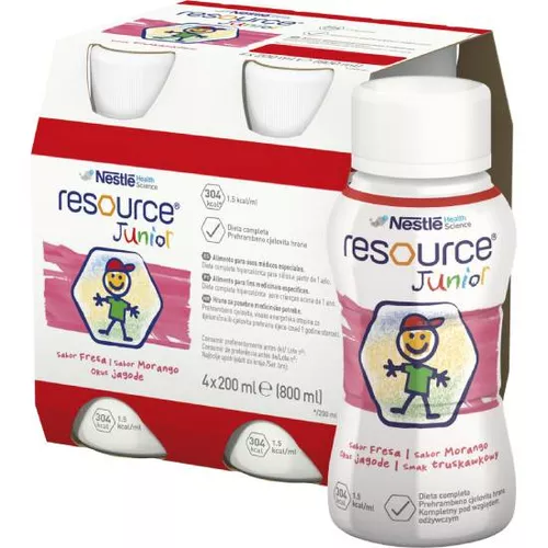 Resource Junior - preparat odżywczy w płynie dla dzieci po 1. roku życia, smak truskawkowy, 4 x 200 ml
