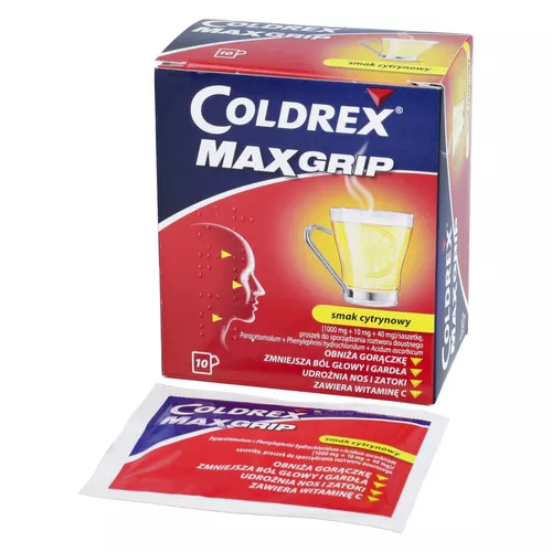Coldrex MaxGrip 1000 mg + 10 mg + 40 mg, smak cytrynowy, 10 saszetek