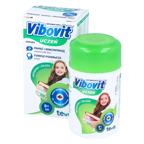 Vibovit Uczeń Witaminy i Żelazo, smak owoców leśnych, 30 tabletek do ssania