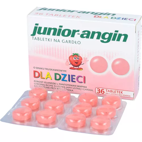 junior-angin - tabletki na gardło do ssania o smaku truskawkowym, 36 tabletek