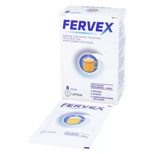 Fervex 500 mg + 200 mg + 25 mg, proszek musujący, smak cytrynowy, 8 saszetek