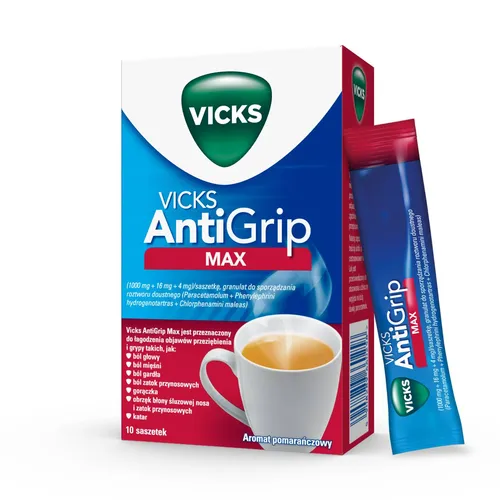 Vicks AntiGrip (1000 mg + 16 mg + 4 mg)/saszetkę, aromat pomarańczowy, 10 saszetek
