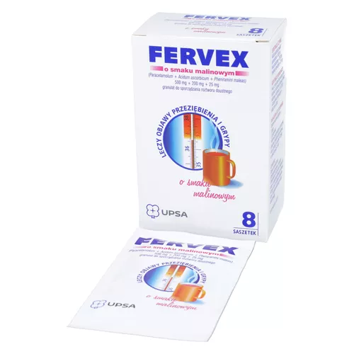 Fervex 500 mg + 200 mg + 25 mg, proszek musujący, smak malinowy, 8 saszetek