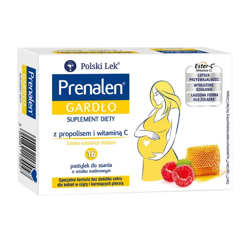 Prenalen Gardło, smak malinowy, 16 pastylek do ssania