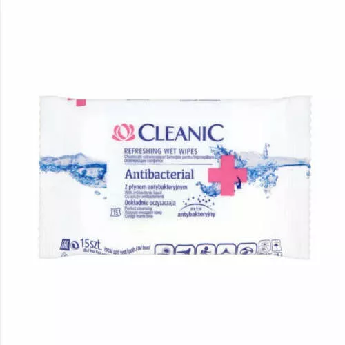 CLEANIC Antibacterial - chusteczki odświeżające z płynem antybakteryjnym, 15 sztuk