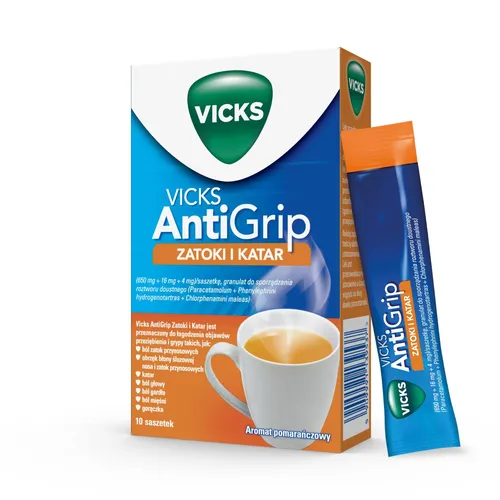 Vicks AntiGrip Zatoki i Katar (650 mg + 16 mg + 4 mg)/saszetkę, granulat do sporządzania roztworu doustnego, aromat pomarańczowy, 10 saszetek