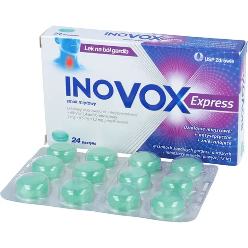 Inovox Express 2 mg + 0,6 mg + 1,2 mg, smak miętowy, 24 pastylki