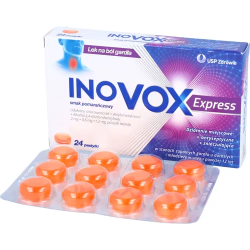 Inovox Express 2 mg + 0,6 mg + 1,2 mg, smak pomarańczowy, 24 pastylki