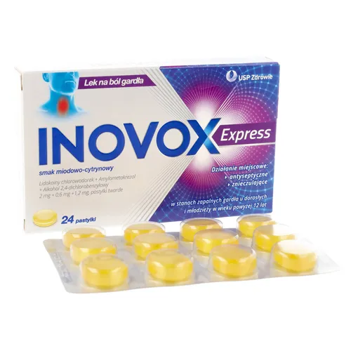 Inovox Express 2 mg + 0,6 mg + 1,2 mg, smak miodowo-cytrynowy, 24 pastylki