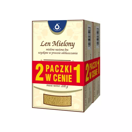 Oleofarm - Len Mielony, mielone nasiona lnu uzyskane w procesie odtłuszczania, 200 g + 200 g