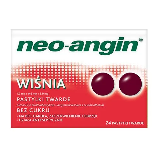 Neo-Angin Wiśnia 1,2 mg + 0,6 mg + 5,9 mg, bez cukru, 24 pastylki twarde