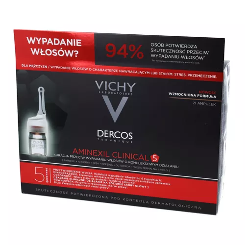 Vichy - Dercos Aminexil Clinical 5, kuracja przeciw wypadaniu włosów o kompleksowym działaniu dla mężczyzn, 21 ampułek
