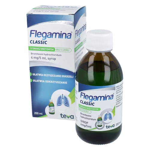Flegamina Classic 4 mg/5 ml, syrop bez cukru, smak miętowy, 200 ml