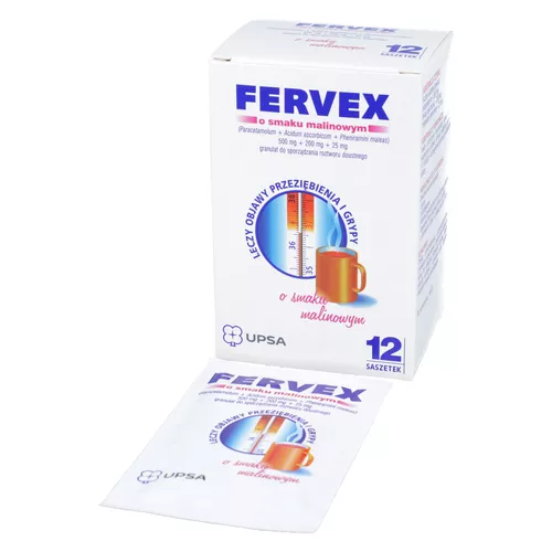 Fervex 500 mg + 200 mg + 25 mg, proszek musujący, smak malinowy, 12 saszetek