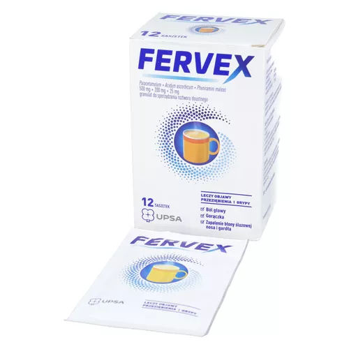 Fervex 500 mg + 200 mg + 25 mg, proszek musujący, smak cytrynowy, 12 saszetek