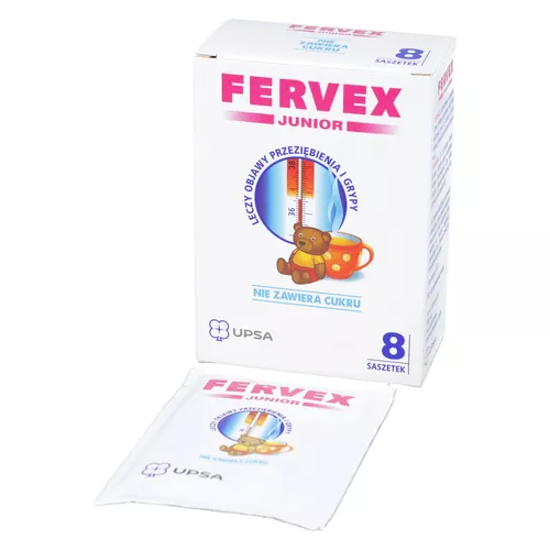 Fervex Junior 280 mg +100 mg +10 mg, proszek musujący, 8 saszetek