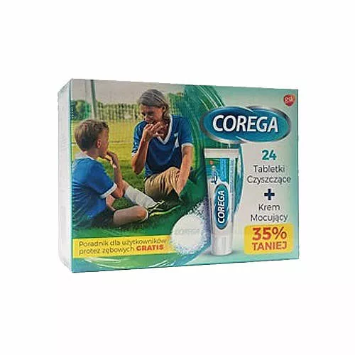 COREGA TABS Bio Formula - tabletki do czyszczenia protez, 24 sztuki + Corega Super Mocny krem do protez zębowych delikatnie miętowy 40 g